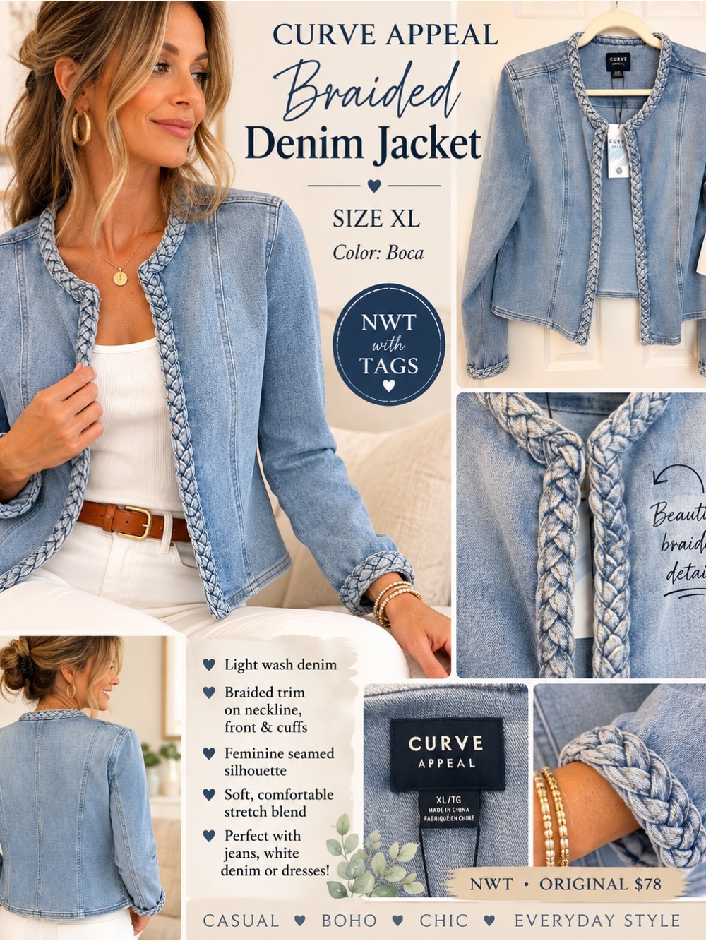 NWT Curve Appeal Braided Denim Jacket XL Boca Light Wash Jean Jacket